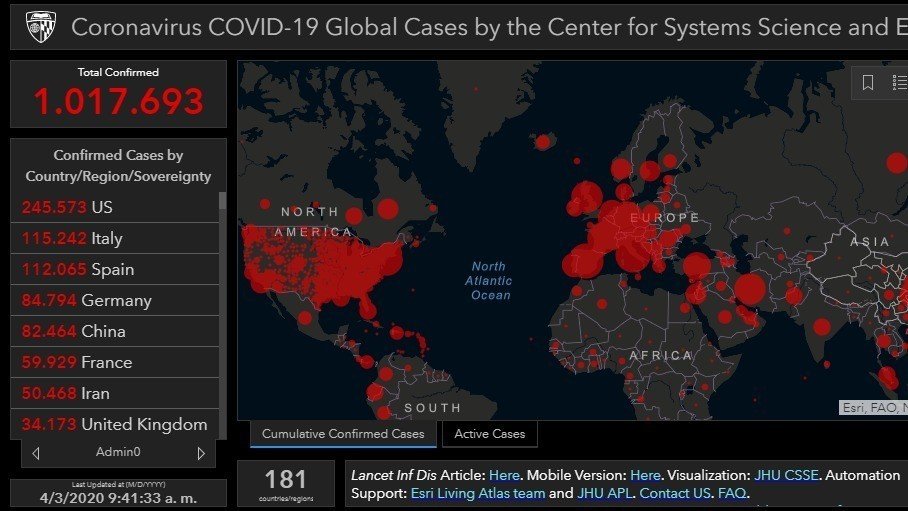 El mapa global del coronavirus de la Universidad Johns Hopkins