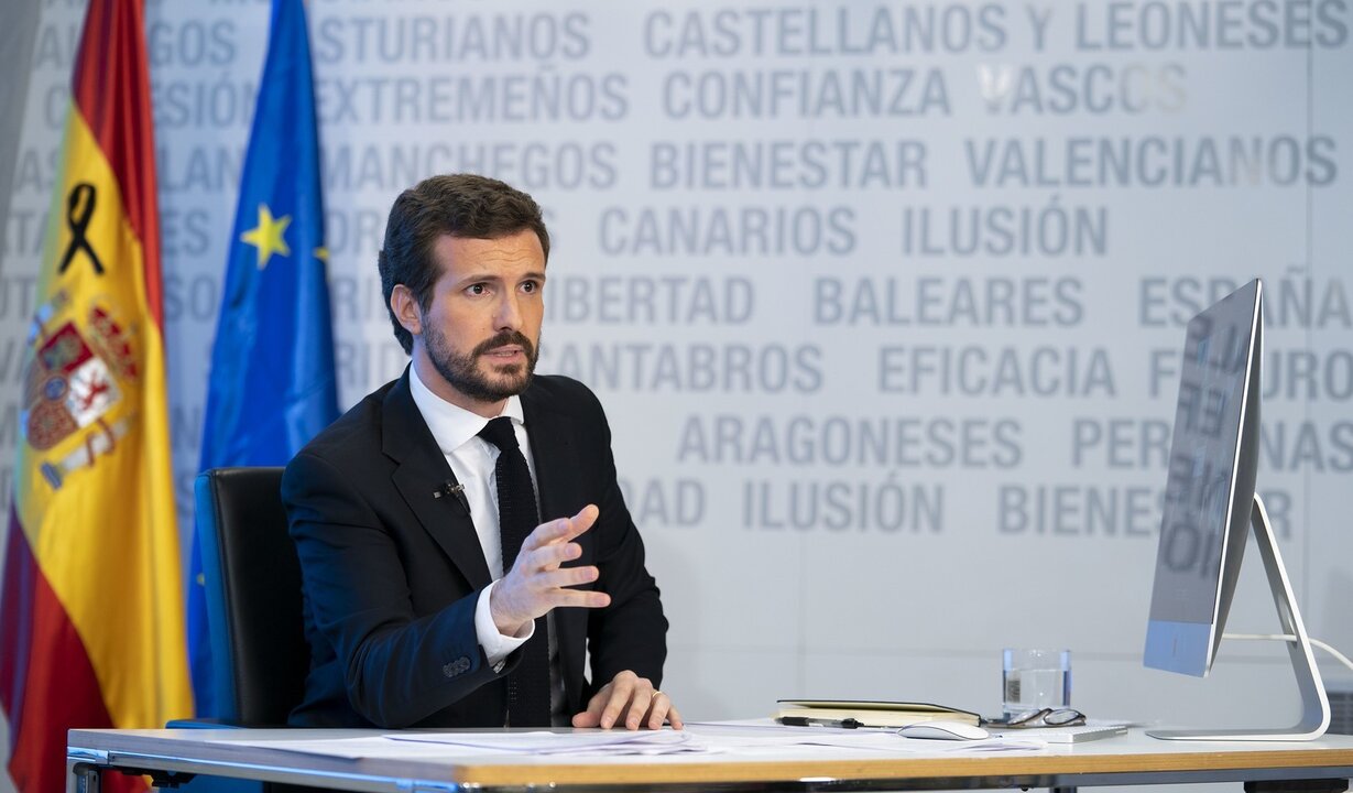 Pablo Casado en rueda de Prensa telem&aacute;tica (foto Partido Popular)
