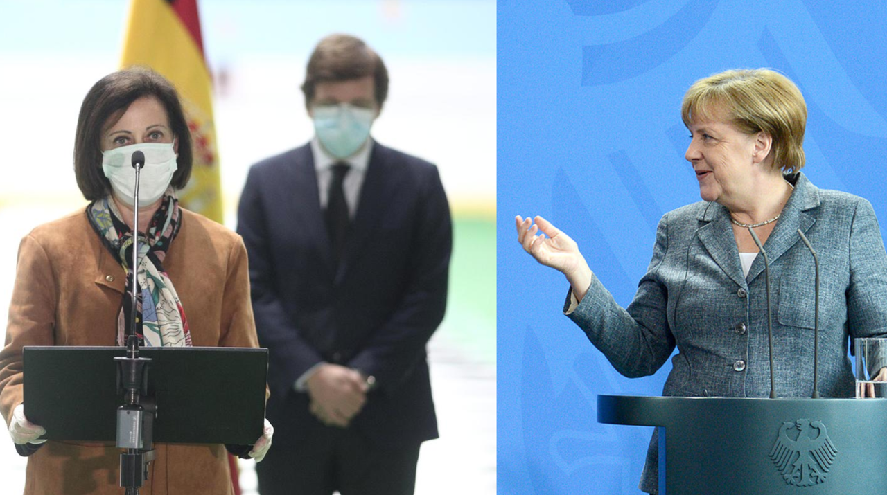 Margarita Robles, ministra de Defensa; José Luis Martínez-Almeida, alcalde de Madrid, y Angela Merkel, canciller de Alemania.