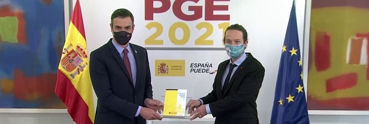 Pedro Sánchez y Pablo Iglesias presentando los Presupuestos Generales del Estado el 27 de octubre de 2020