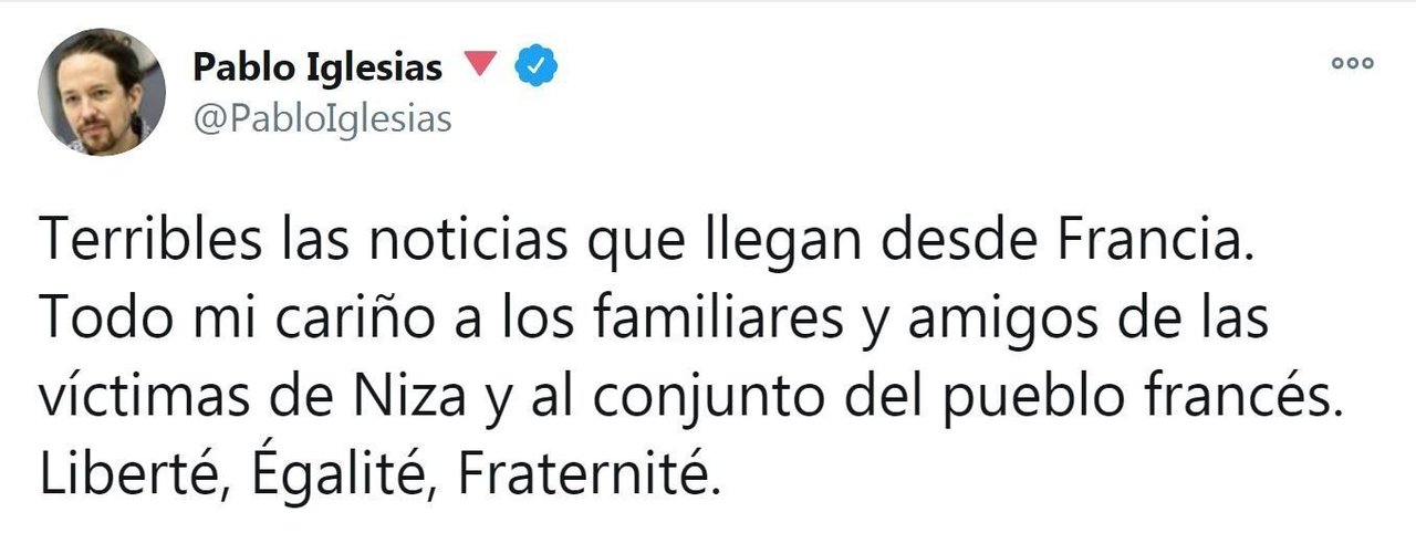 Tweet de Pablo Iglesias sobre el atentado en Niza