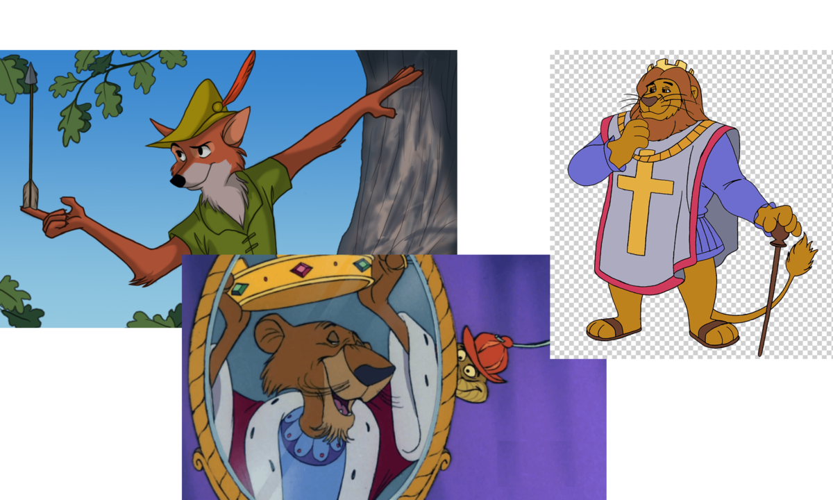 Cuatro caracteres representativos de la pelicula de animacion “Robin Hood” de Walt Disney, 1973.