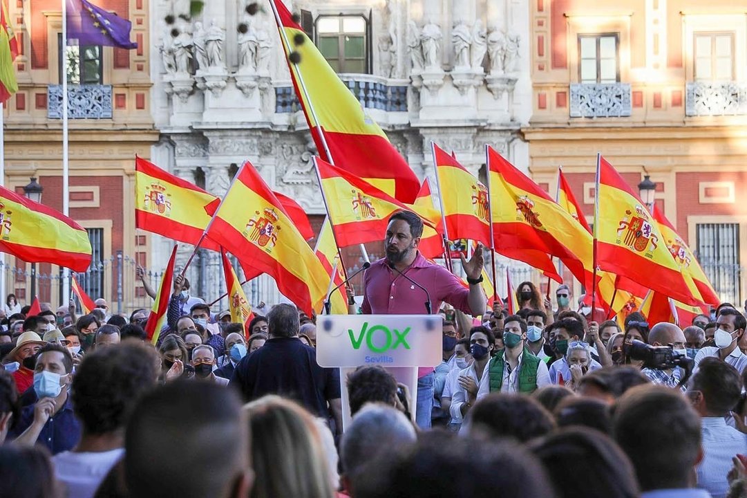 El presidente de Vox, Santiago Abascal, interviene en una concentración ante el Palacio de San Telmo de Sevilla. 23/5/2021