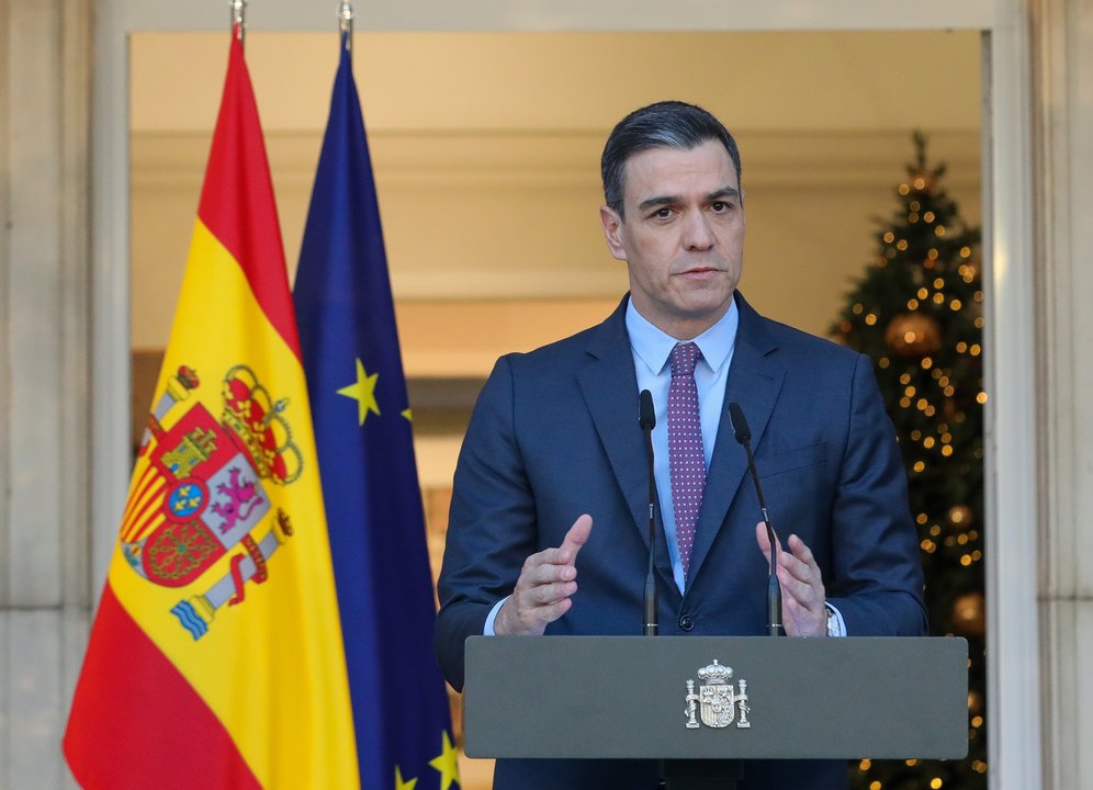 El presidente del Gobierno, Pedro Sánchez, durante una declaración institucional, en el Palacio de la Moncloa