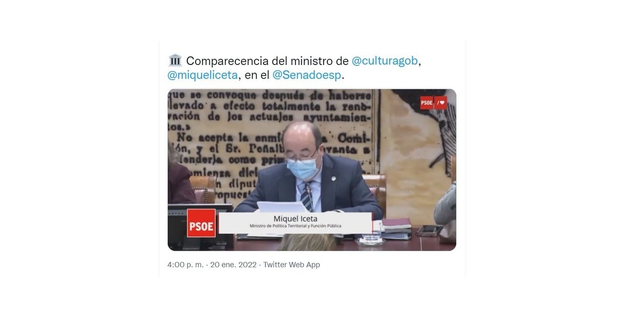 Publicación del PSOE sobre la comparecencia de Miquel Iceta en el Senado.
