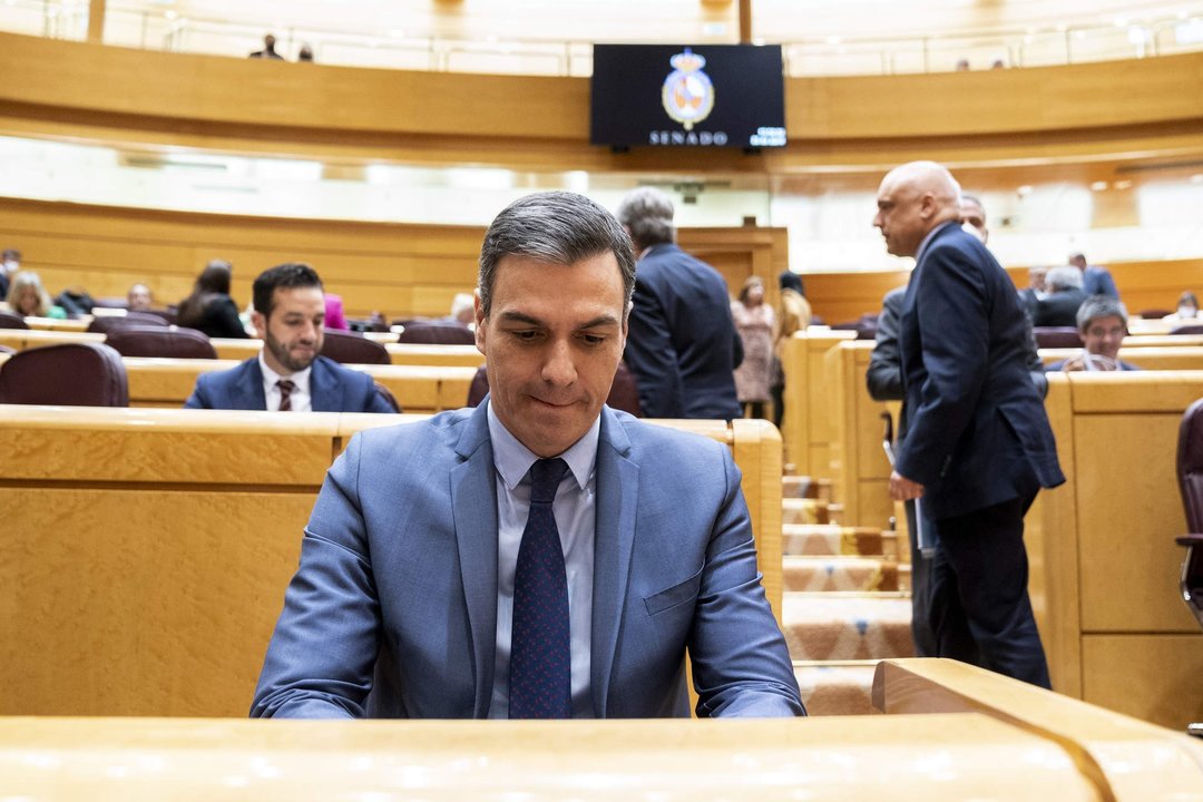 El presidente del Gobierno, Pedro Sánchez, en una sesión de control al Gobierno en el Senado el pasado mes de abril