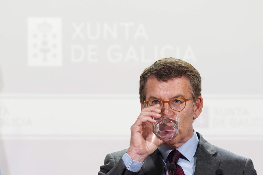 Alberto N&uacute;&ntilde;ez Feij&oacute;o durante su &uacute;ltima rueda prensa al frente de la Xunta de Galicia