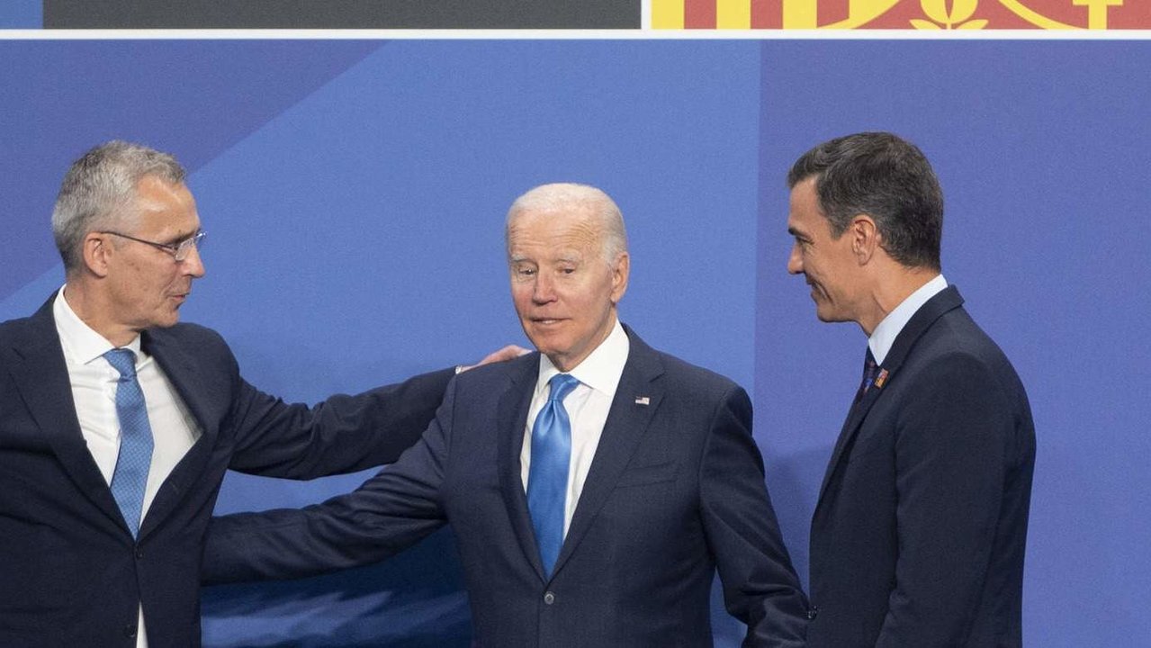El secretario General de la OTAN, Jens Stoltenberg; el presidente de EEUU, Joe Biden; y el presidente del Gobierno, Pedro Sánchez.