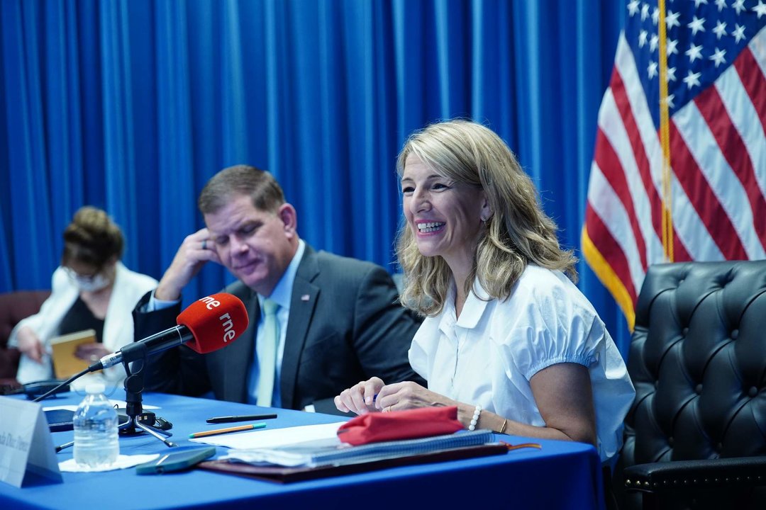 La vicepresidenta Yolanda Díaz, en rueda de prensa tras una reunión bilateral con el secretario de Trabajo de los Estados Unidos, Martin Walsh.