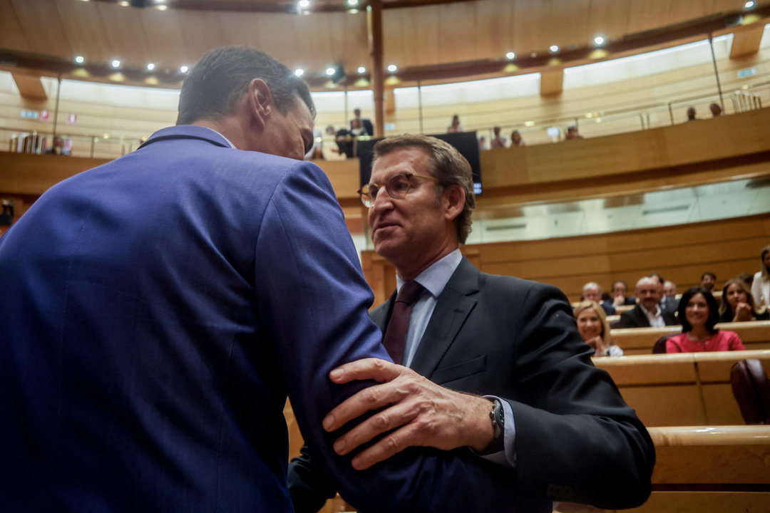 El presidente del Gobierno, Pedro Sánchez, y el líder del PP, Alberto Núñez Feijóo, se saludan en una sesión plenaria en el Senado