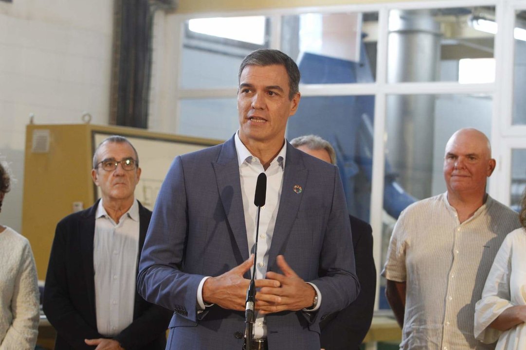 El presidente del Gobierno, Pedro Sánchez, durante su visita a la empresa Carob de Marratxí.