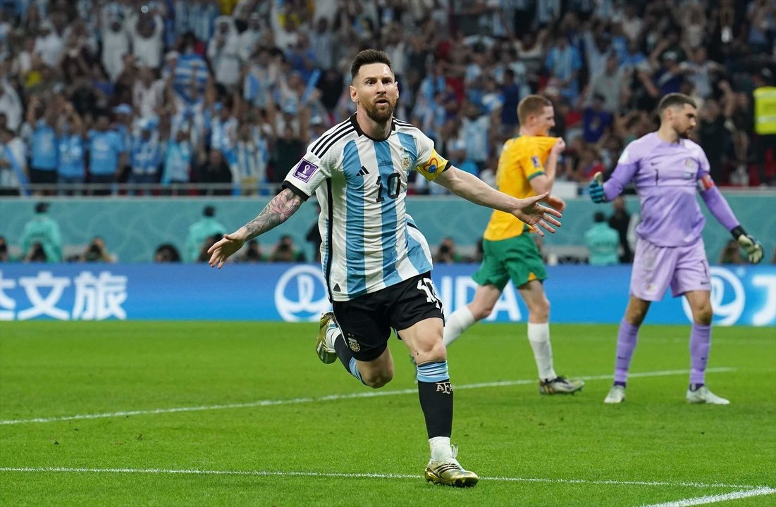 Celebración de Leo Messi tras anotar el primer gol del partido.