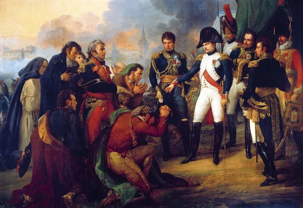 Este óleo de Carle Vernet muestra a Napoleón en Chamartín, recibiendo a los delegados de la Junta de Defensa de Madrid para rendir la ciudad y a los que reprocha airado su resistencia.