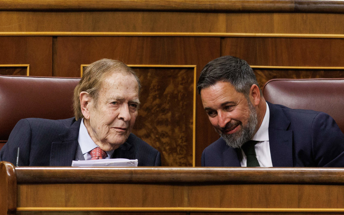 A la izquierda, el candidato de la moción de censura, el profesor y economista Ramón Tamames,y, a la derecha, el líder de Vox, Santiago Abascal.
