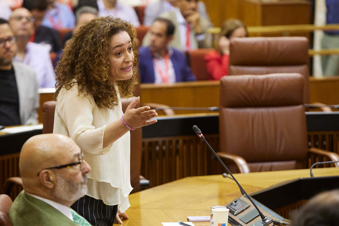 La portavoz del Grupo Por Andaluc&iacute;a, Inmaculada Nieto, realiza pregunta de control al presidente de la Junta de Andaluc&iacute;a, Juanma Moreno, durante la segunda jornada del Pleno del Parlamento andaluz en el Parlamento de Andaluc&iacute;a, a 4 de mayo de 2023 en Sevilla (Andaluc&iacute;a, Espa&ntilde;a). En la d&eacute;cimo tercera sesi&oacute;n del Pleno, de esta XII Legislatura, en el orden del d&iacute;a cuenta con una moci&oacute;n a la Consejera de Salud y Consumo, una interpelaci&oacute;n a la consejera de Desarrollo Educativo y Formaci&oacute;n Profesional de la Junta de Andaluc&iacute;a, Patricia del Pozo, y las preguntas de control al presidente de la Junta de Andaluc&iacute;a, Juanma Moreno.