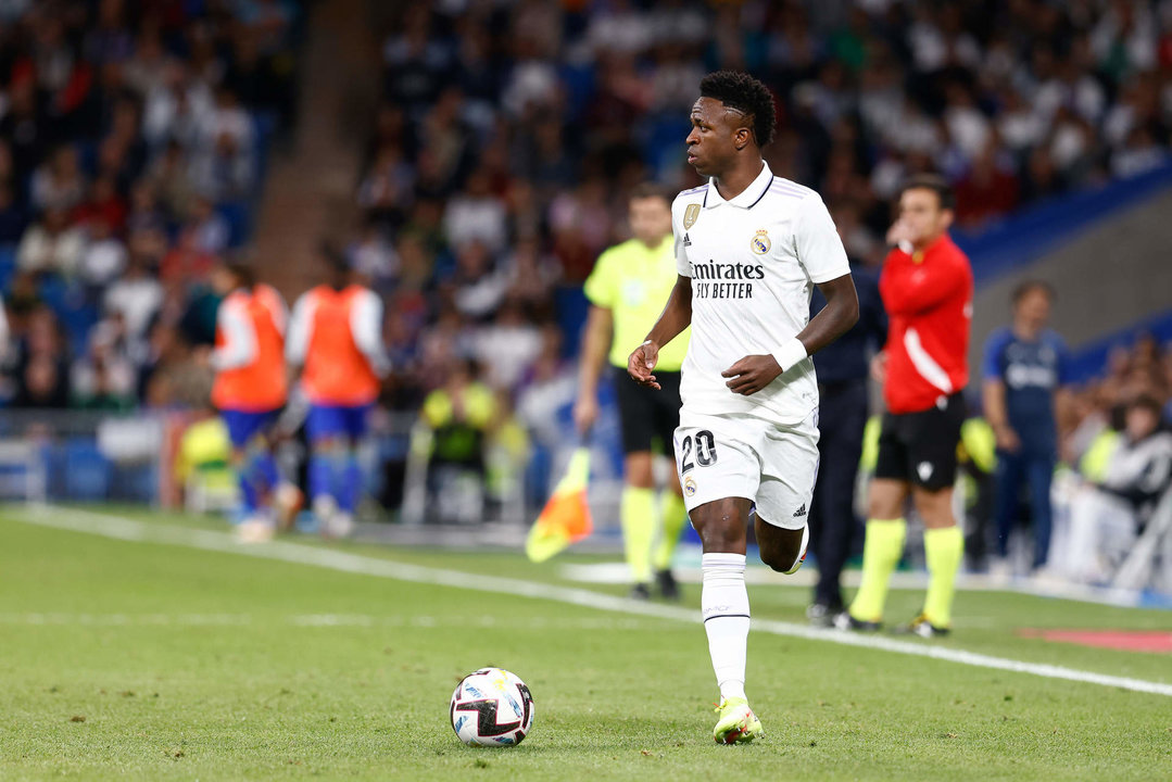 Vinicius Junior of Real Madrid in action during the spanish league, La Liga Santander, football match played between Real Madrid and Getafe CF at Santiago Bernabeu stadium on May 13, 2023 in Madrid, Spain.