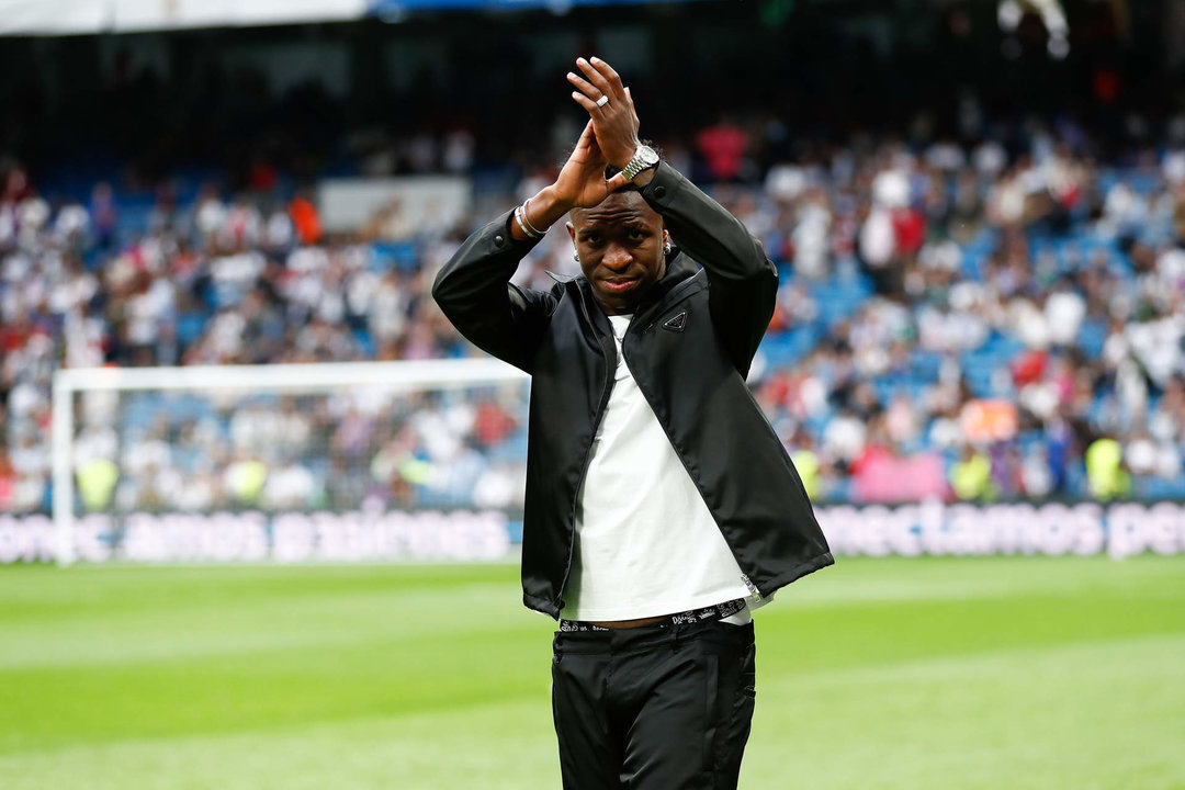 Vinicius Junior of Real Madrid saludates to the fans during the Spanish league, La Liga Santander, football match played between Real Madrid and Rayo Vallecano at Santiago Bernabeu stadium on May 24, 2023, in Madrid, Spain.
