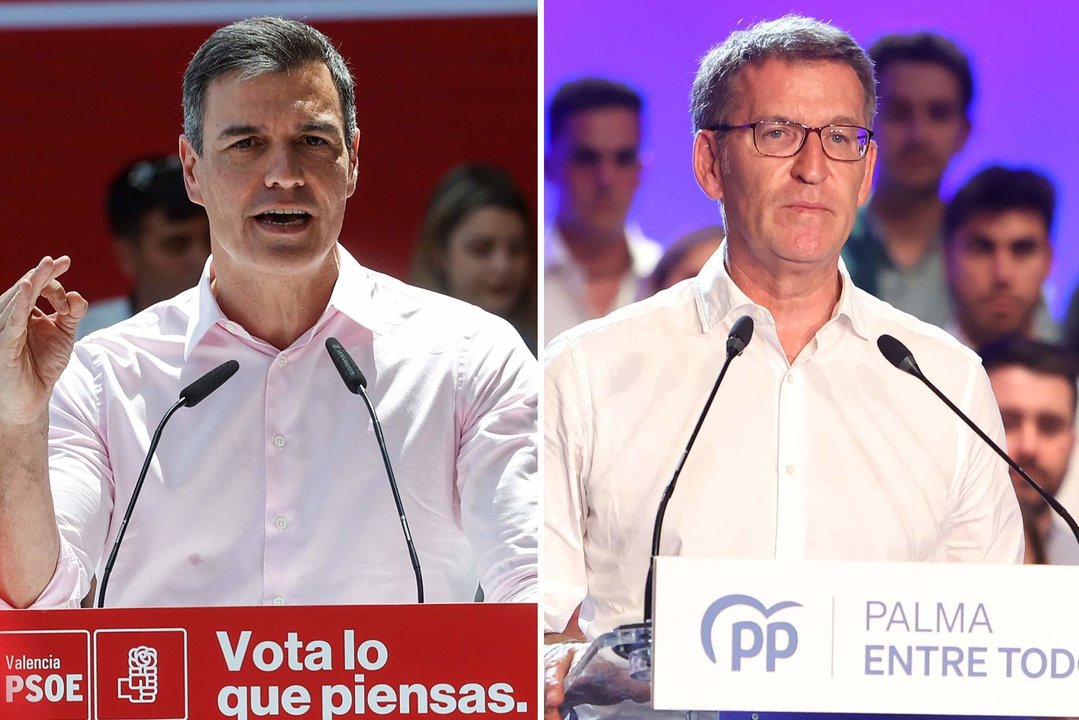 El presidente del Gobierno y líder del PSOE, Pedro Sánchez, y el líder del PP, Alberto Núñez Feijóo, durante sendos actos de campaña para las elecciones autonómicas y municipales del 28-M.