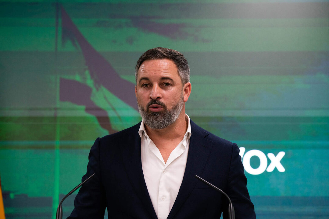El l&iacute;der de VOX, Santiago Abascal, durante una rueda de prensa en la sede de su partido, a 5 de junio de 2023, en Madrid.