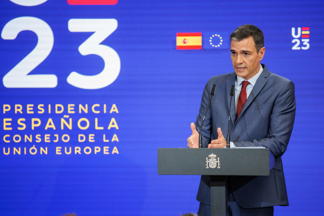 El presidente del Gobierno, Pedro Sánchez, presenta las prioridades de la Presidencia española del Consejo de la UE, en el Palacio de la Moncloa, a 15 de junio de 2023, en Madrid.