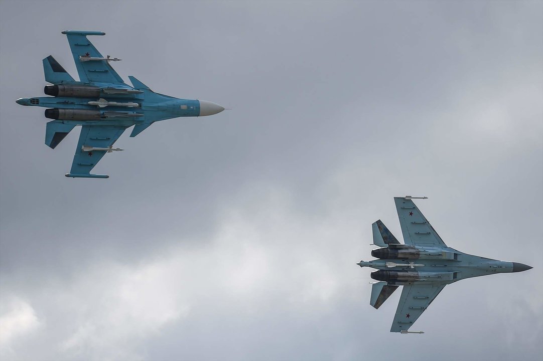 MOSCOW, Aug. 27, 2019 Su-34 (L) fighter-bomber jet and Su-35 fighter perform during an airshow on the opening day of the International Aviation and Space Salon MAKS 2019 in Moscow, Russia, on Aug. 27, 2019.