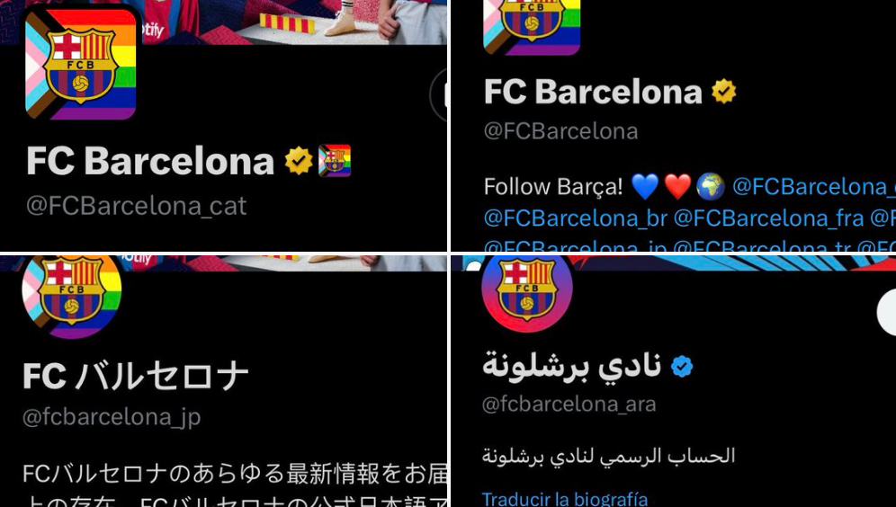 Perfiles del Barça con la bandera LGTBI, excepto en su versión árabe.