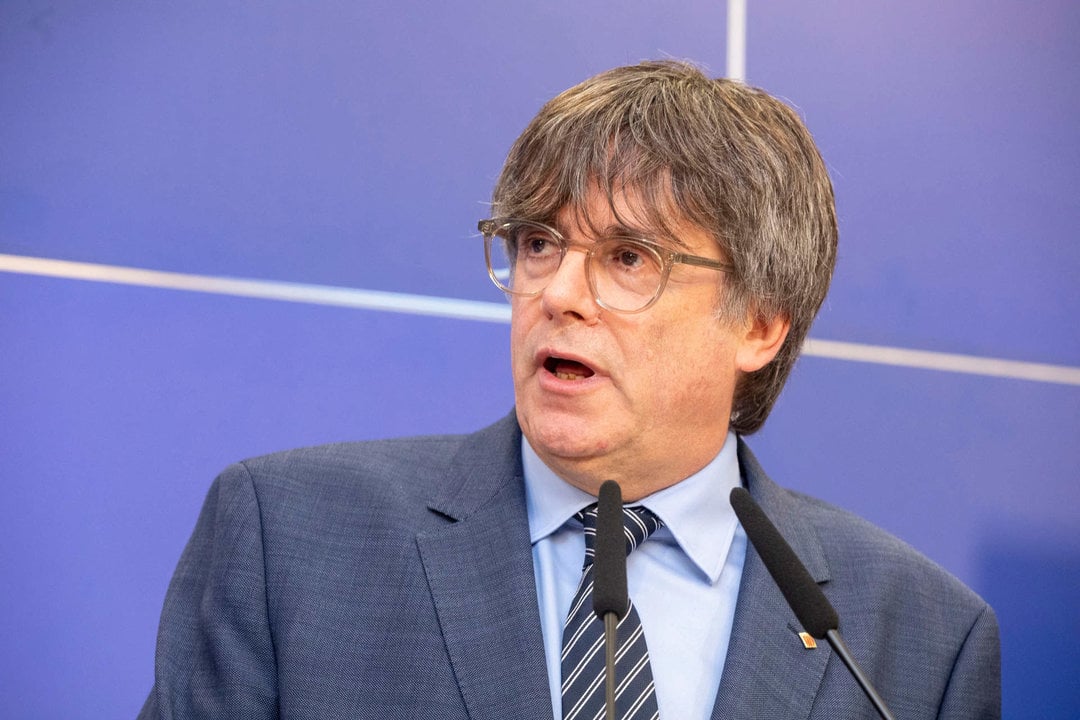Catalan leader in exile Carles Puigdemont pictured during a press conference regarding the evaluation of the sentence of the Court of the European Union on the lifting of the euro-parliamentary immunity of Catalan leader Puigdemont and separatists Comin and Ponsati, Wednesday 05 July 2023, at the European parliament, in Brussels. 