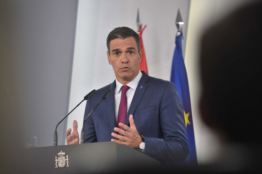 El presidente del Gobierno en funciones, Pedro Sánchez, durante una rueda de prensa en el Palacio de la Moncloa, a 22 de agosto de 2023, en Madrid.
