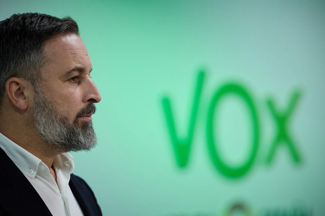 El presidente de Vox, Santiago Abascal, ofrece una rueda de prensa tras la reuni&oacute;n del Comit&eacute; de Acci&oacute;n Pol&iacute;tica de Vox.