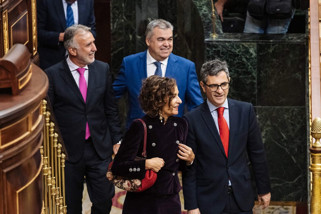 (I-D) El ministro de Pol&iacute;tica Territorial, &Aacute;ngel V&iacute;ctor Torres; el secretario de Organizaci&oacute;n del Partido Socialista, Santos Cerd&aacute;n; la vicepresidenta cuarta y 'n&uacute;mero dos' del PSOE, Mar&iacute;a Jes&uacute;s Montero, y el ministro de la Presidencia, F&eacute;lix Bola&ntilde;os.