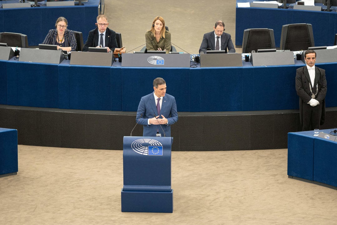 El presidente del Gobierno, Pedro Sánchez, comparece ante el Parlamento Europeo, a 13 de diciembre de 2023, en Estrasburgo (Francia).