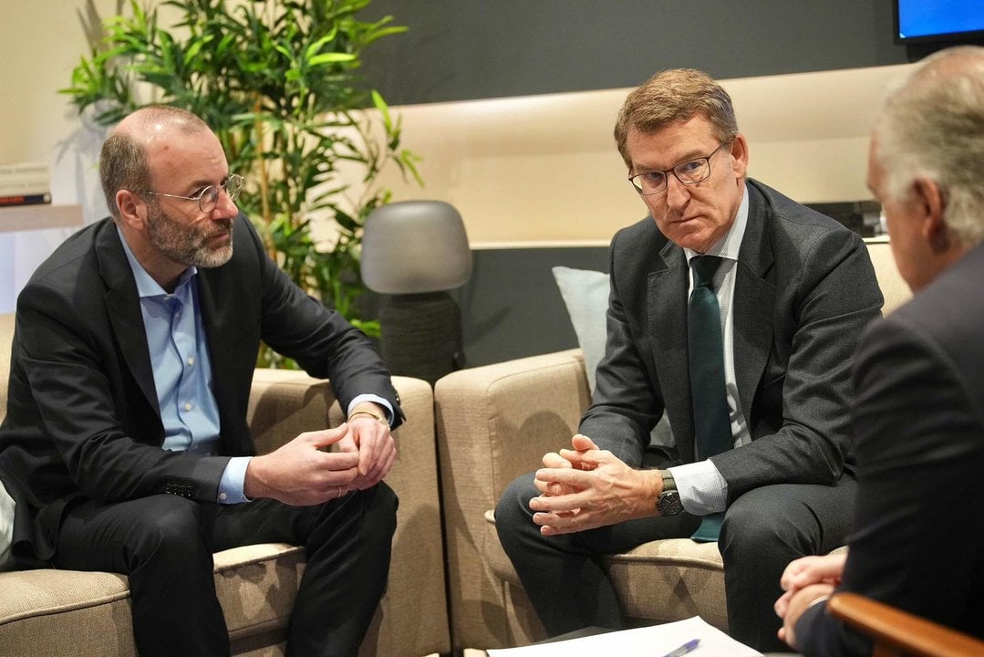 El líder del PP, Alberto Núñez Feijóo, se reúne en Bruselas con el presidente del grupo del PPE, Manfred Weber. Les acompaña el vicesecretario de Institucional del partido, Esteban González Pons.