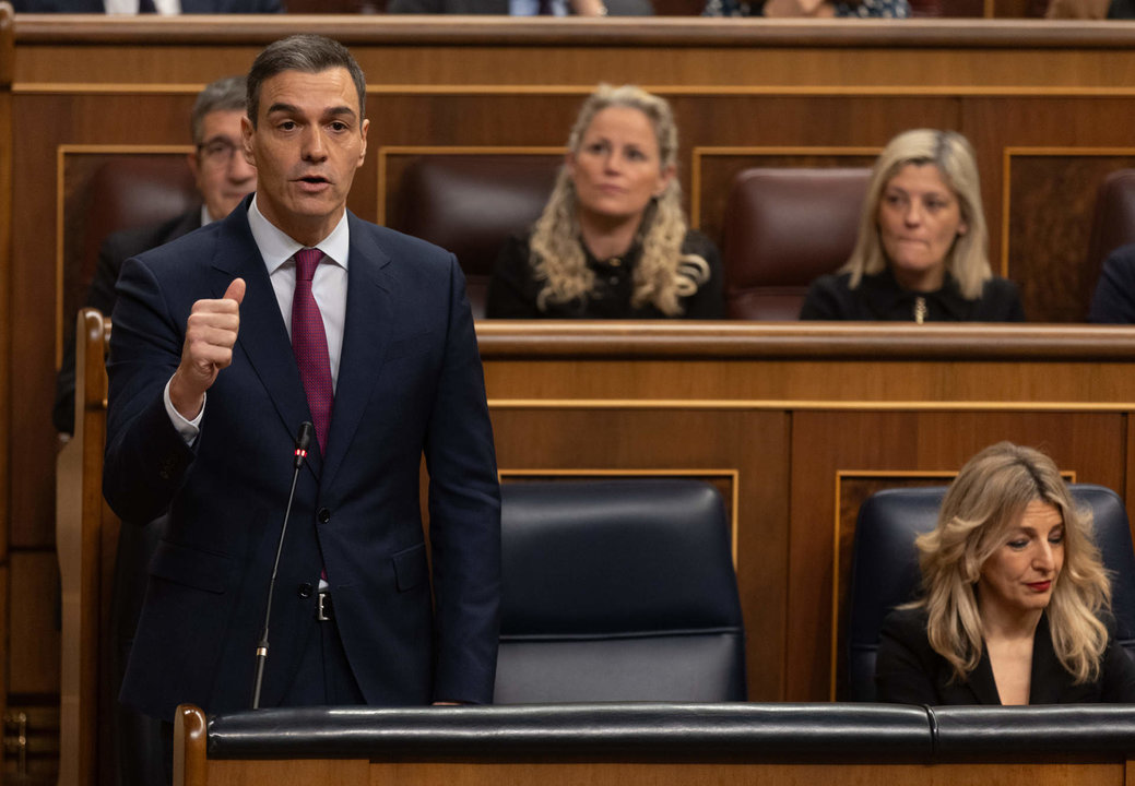 El presidente del Gobierno, Pedro Sánchez, interviene durante una sesión de control al Gobierno, en el Congreso de los Diputados, a 7 de febrero de 2024, en Madrid.