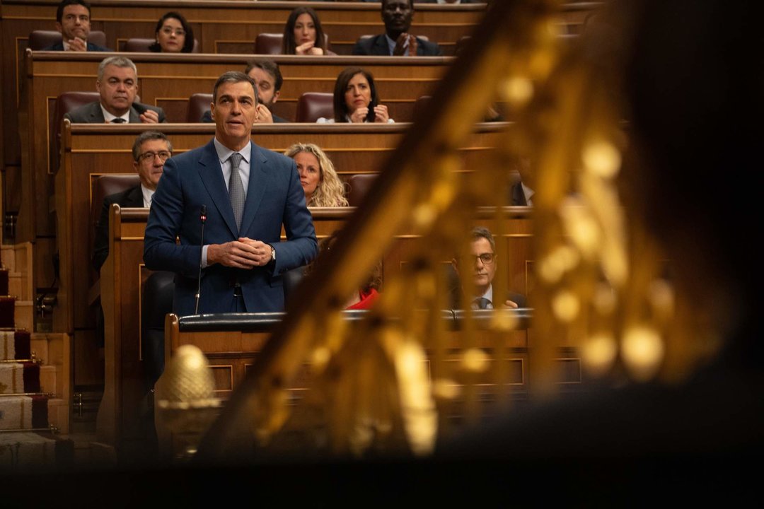 El presidente del Gobierno, Pedro Sánchez, interviene durante una sesión de control al Gobierno, en el Congreso de los Diputados, a 20 de marzo de 2024, en Madrid.