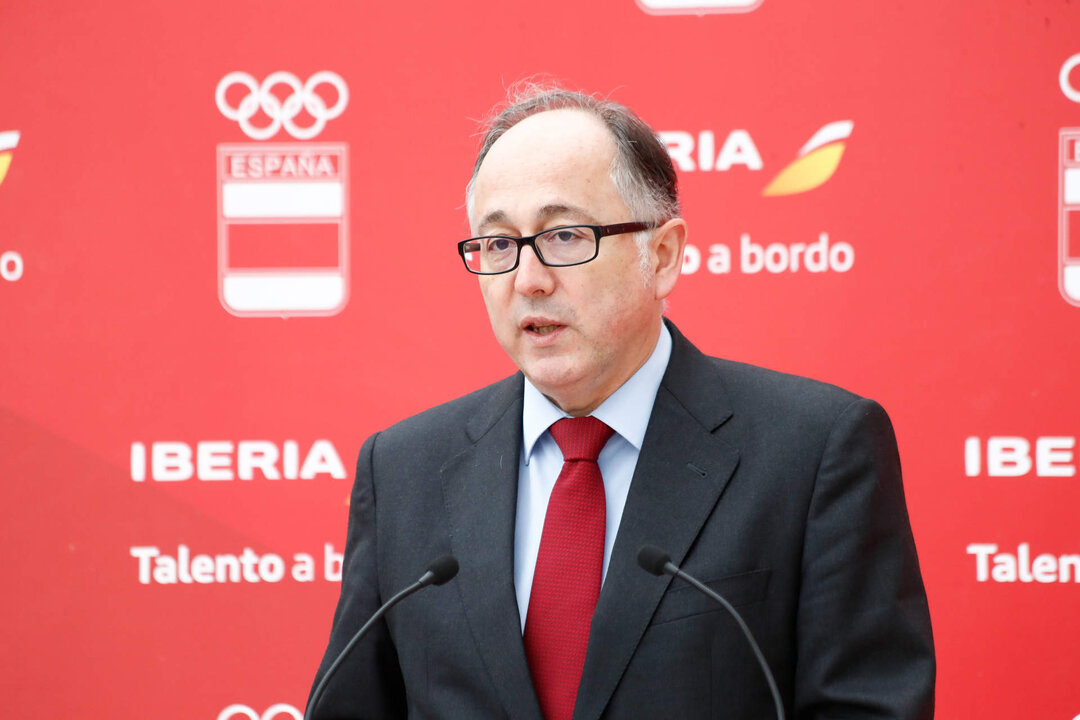 Luis Gallego, President of Iberia, attends during the sign of the sponsorship agreement and the presentation of the Airbus A350 &ldquo;Comite Olimpico Espanol&rdquo; airplane at Iberia hangars on February 11, 2020, in Madrid, Spain.