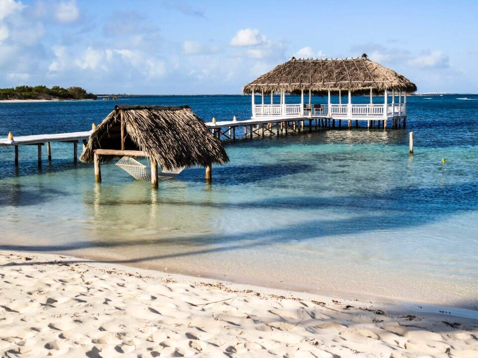 Paradise beach in Cayo Santa Maria, Cuba. View of a perfect desert coast with white sand and blue turquoise sea.