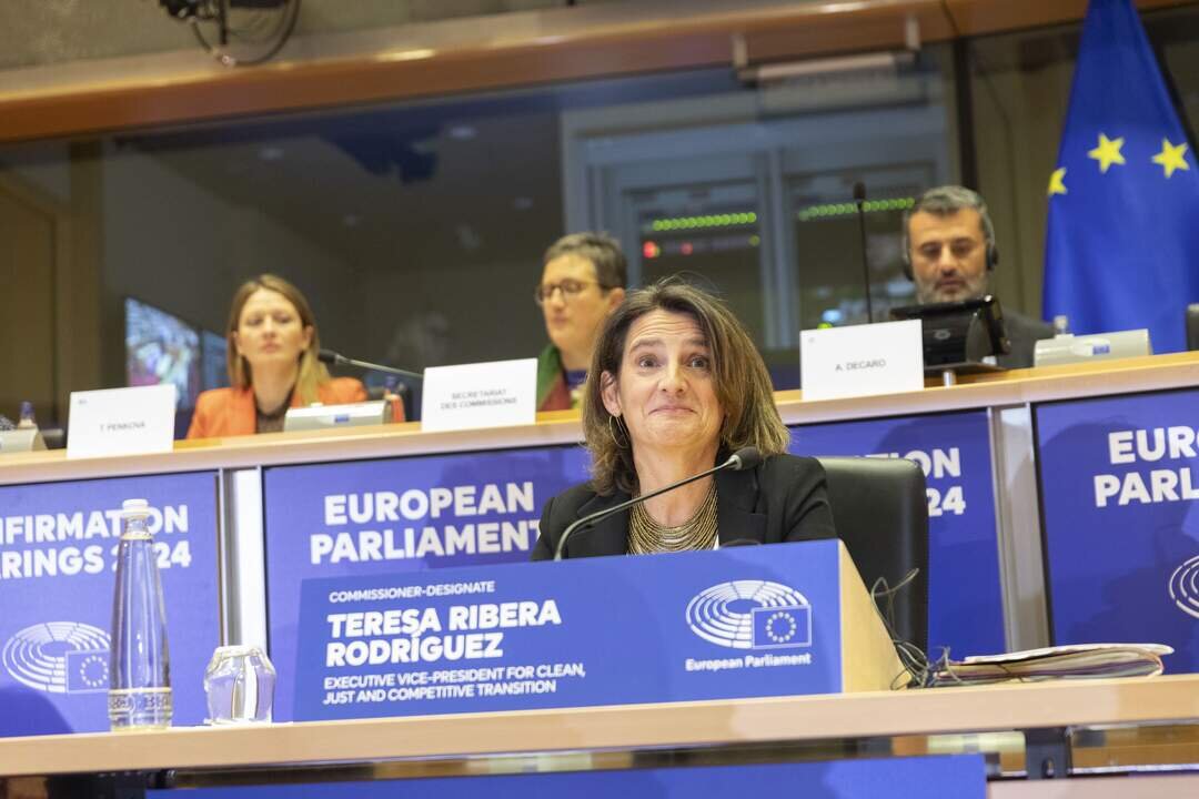La candidata a la vicepresidencia ejecutiva de Transici&oacute;n Limpia, Justa y Competitiva, y a la cartera de Competencia de la Comisi&oacute;n Europea, Teresa Ribera, durante su intervenci&oacute;n en el Parlamento Europeo.