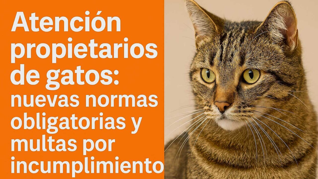 Gato dom&eacute;stico junto al aviso sobre las nuevas normas obligatorias y multas para propietarios de gatos en Espa&ntilde;a
