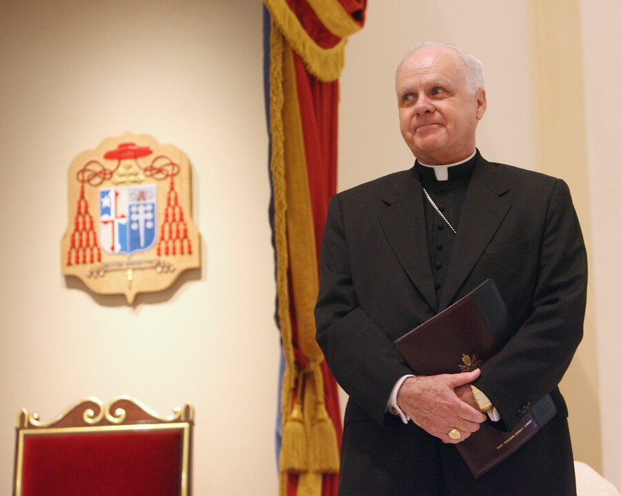 Archbishop Edwin F. O'Brien arrives at a press conference at the Basilica of the National Shrine of the Assumption of the Blessed Virgin Mary in Baltimore July 12. Pope Benedict XVI appointed Archbishop O'Brien, who currently leads the Archdiocese for the Military Services, as the 15th archbishop of Baltimore. He succeeds Cardinal William H. Keeler who is retiring at age 76. (CNS photo/Owen Sweeney III, Catholic Review) (July 12, 2007) See BALTIMORE (UPDATED) July 12, 2007. 