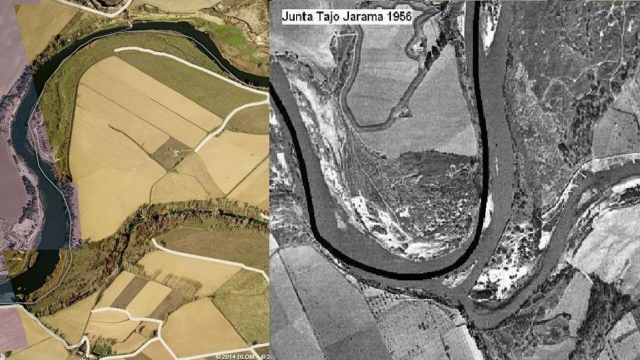 Comparaci&oacute;n del r&iacute;o Tajo entre la imagen de 2014 del Tajo y la del  a&ntilde;o 1956