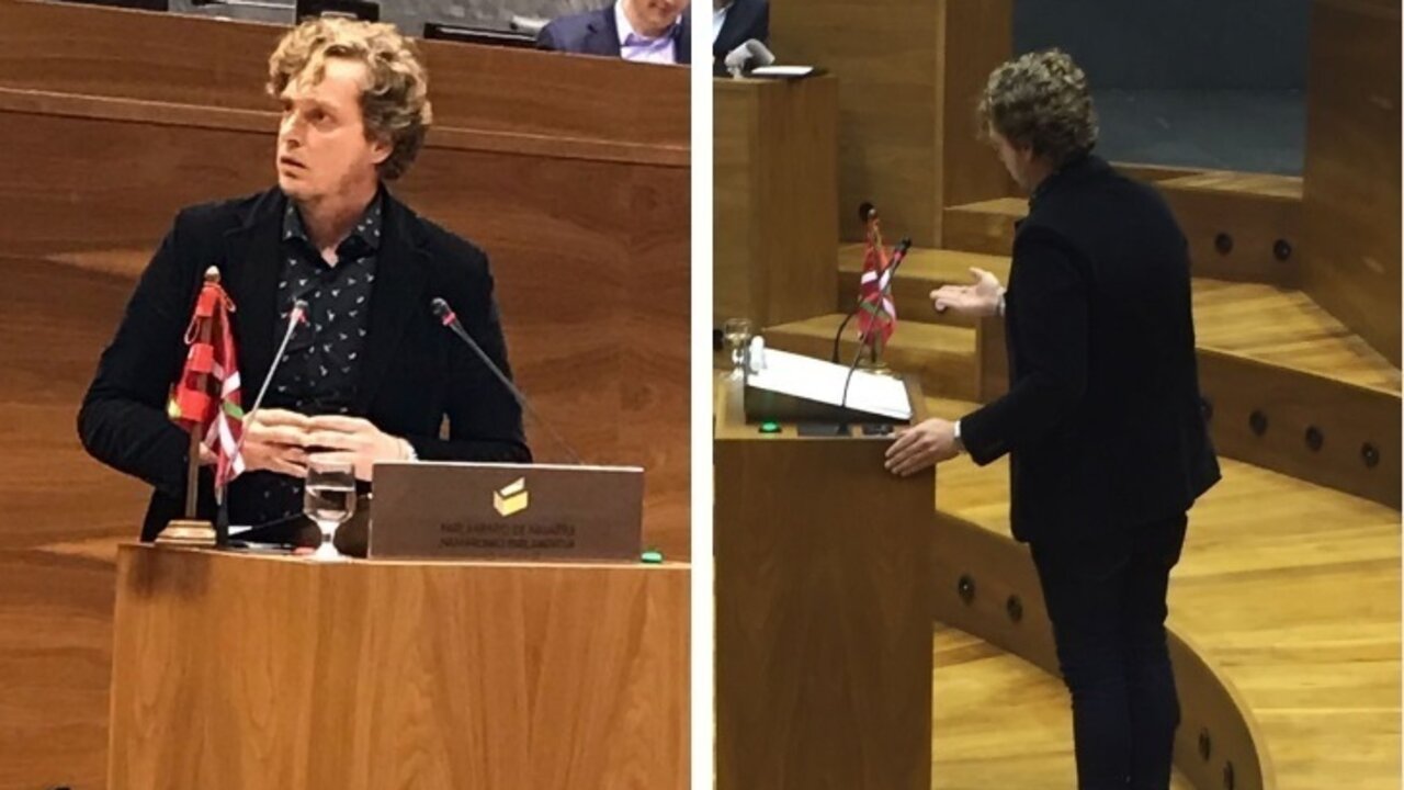 Ikurri&ntilde;a en la tribuna de oradores del Parlamento de Navarra.