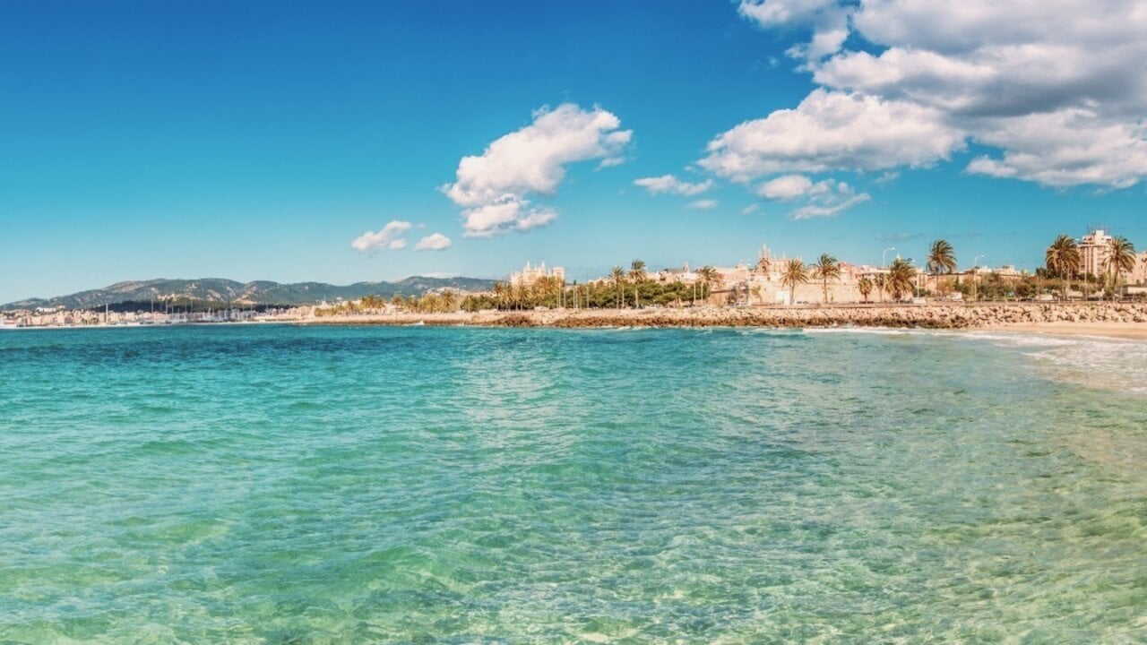 Playa con la Catedral de Mallorca de fondo. 
