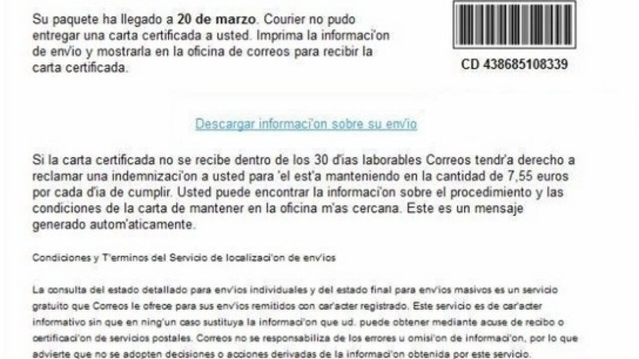 Falso email de Correos. 