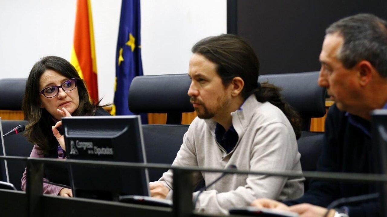 M&oacute;nica Oltra, Pablo Iglesias y Joan Baldov&iacute;.