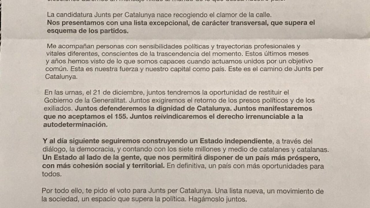 Carta de Carles Puigdemont enviada por Junts per Catalunya como propaganda electoral.