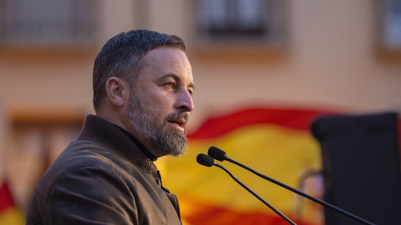 El l&iacute;der de Vox, Santiago Abascal, en una imagen de archivo durante su intervenci&oacute;n en un acto de campa&ntilde;a electoral