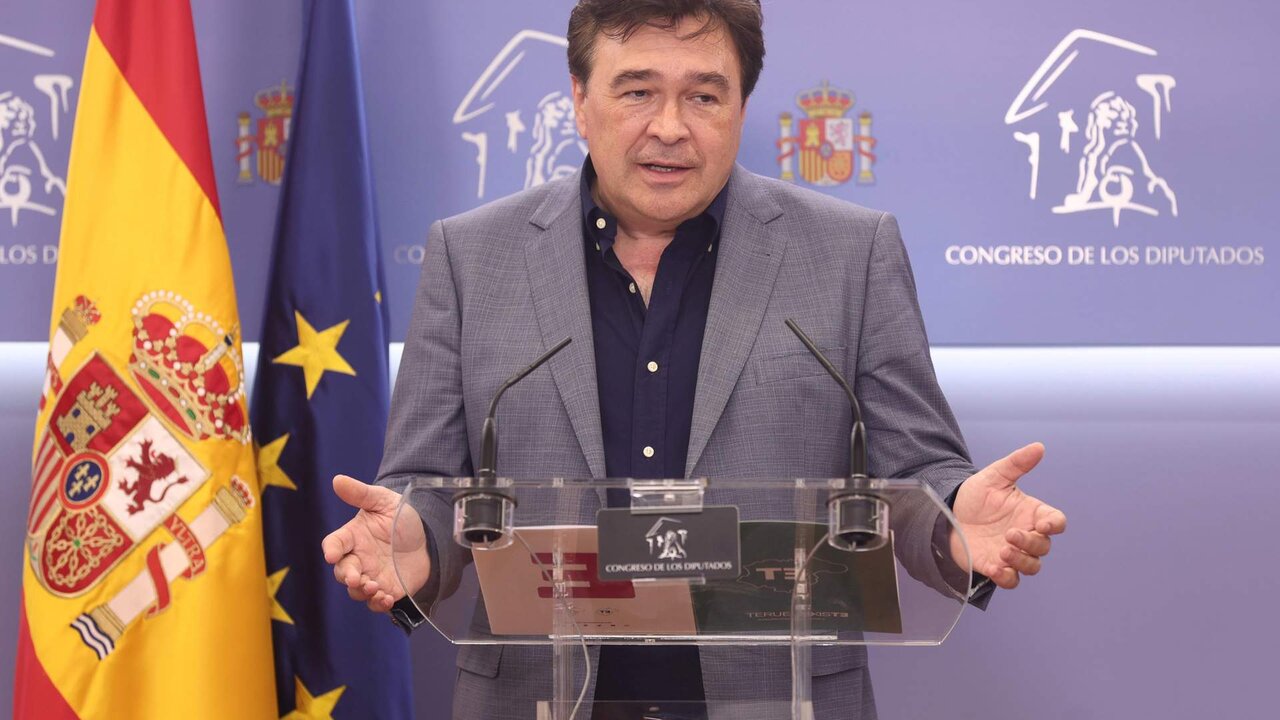 El diputado de Teruel Existe y portavoz de la federaci&oacute;n de partidos de la Espa&ntilde;a Vaciada, durante una rueda de prensa en el Congreso de los Diputados.