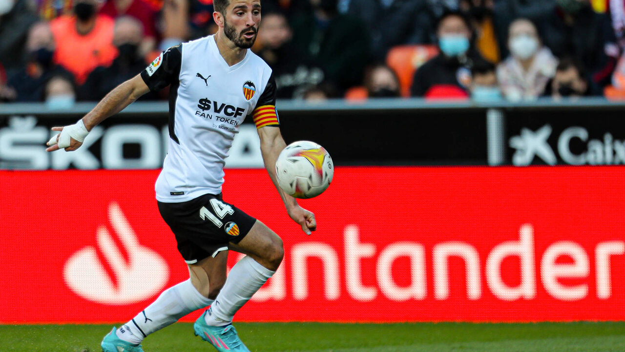 Jose Gaya of Valencia in action during the Santander League match between Valencia CF and FC Barcelona at the Mestalla Stadium on February 20, 2022, in Valencia, Spain.