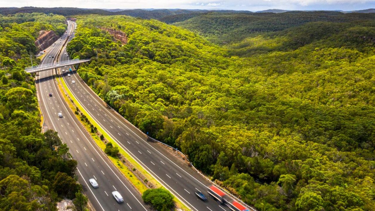 Aerial view of the M1 Pacific Motorway looking North bound at Cowan, Sydney, Australia