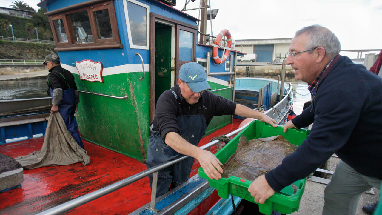 Ribadeo, Lugo. El Navarret, con base en Ribadeo, llega a puerto cargado de centollas y pescados de buen tama&ntilde;o para subastar en la Lonja de Burela.